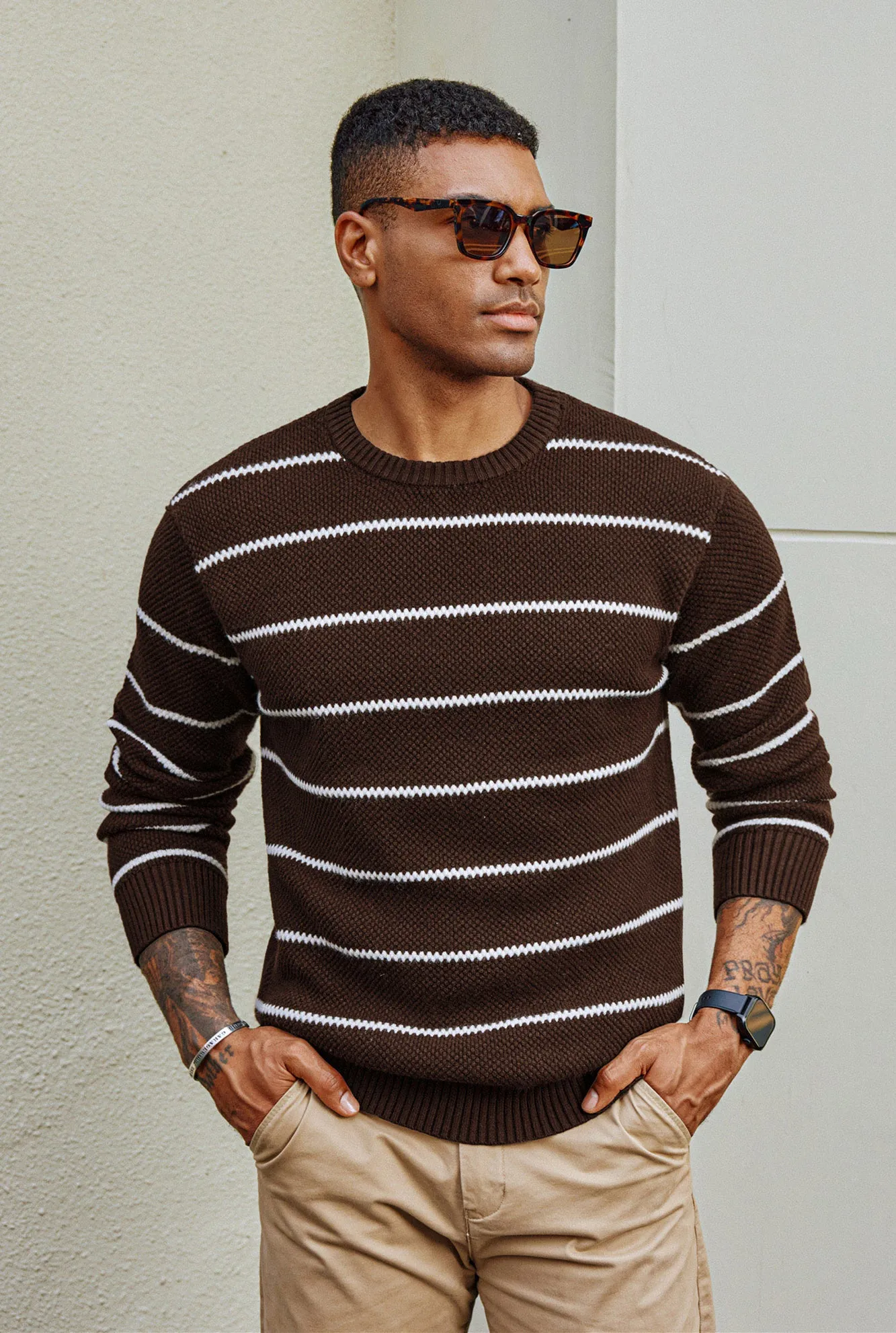 Men Honeycomb-Textured Sweater Long Sleeve Crew Neck Ribbed Cuff Pullover