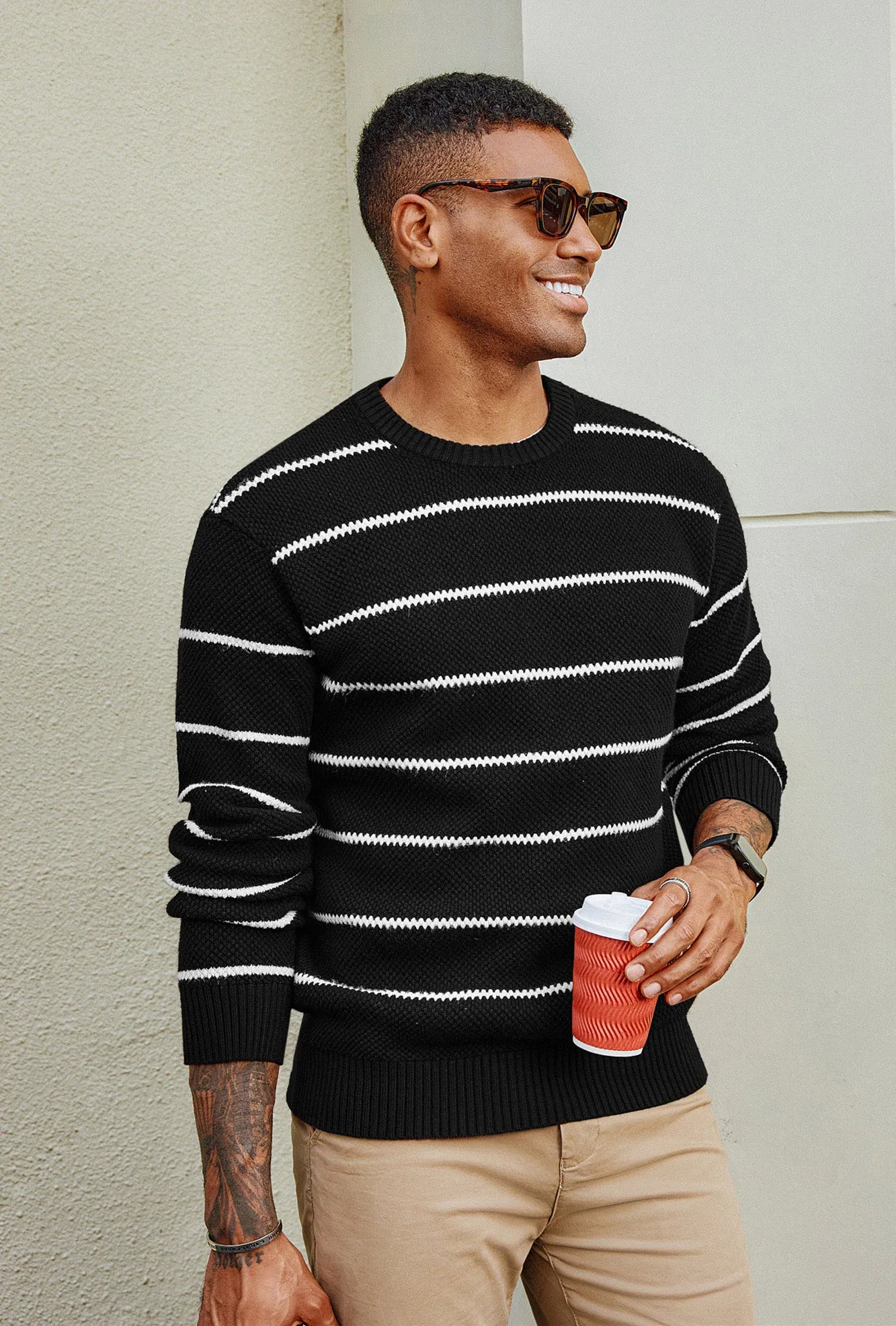 Men Honeycomb-Textured Sweater Long Sleeve Crew Neck Ribbed Cuff Pullover