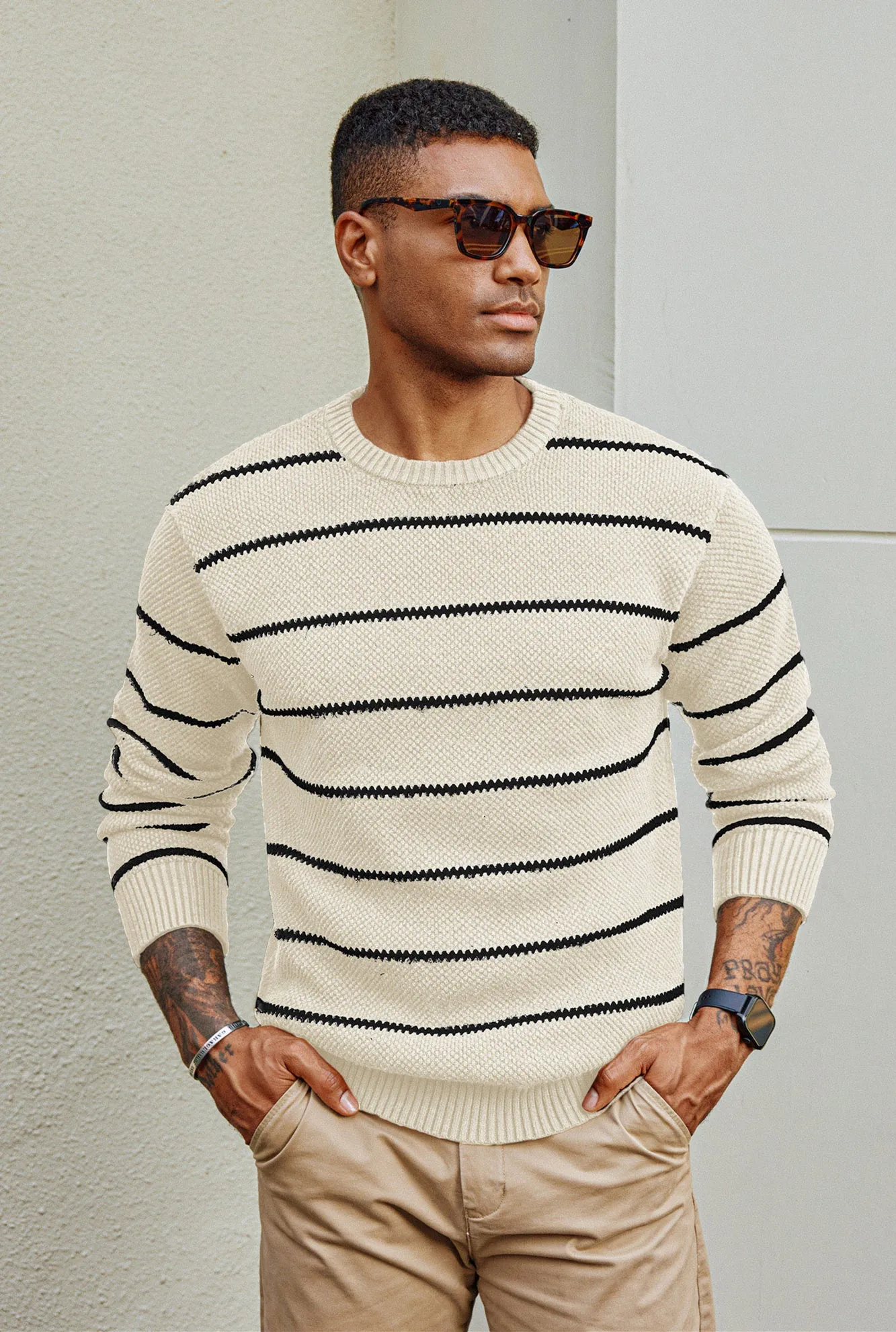 Men Honeycomb-Textured Sweater Long Sleeve Crew Neck Ribbed Cuff Pullover