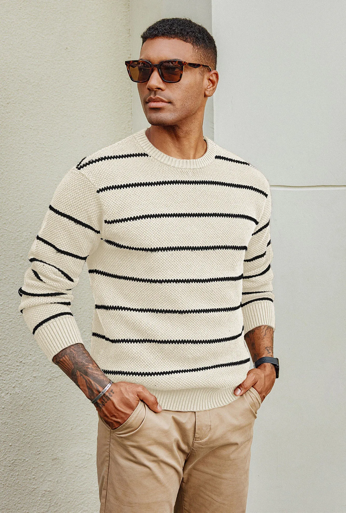 Men Honeycomb-Textured Sweater Long Sleeve Crew Neck Ribbed Cuff Pullover