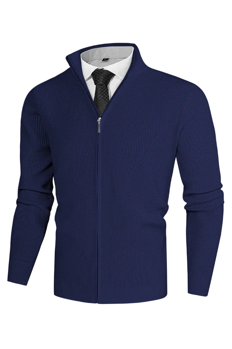 Men Waffle Textured Cardigan Long Sleeve Stand Collar Zip-up Sweater Knitwear