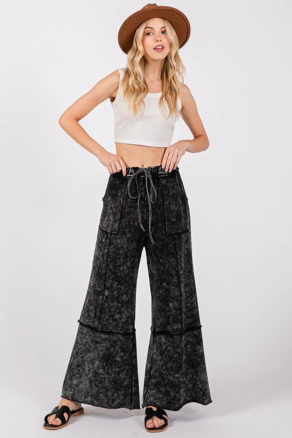 Mineral Washed Terry Wide Leg Pants Ash Black