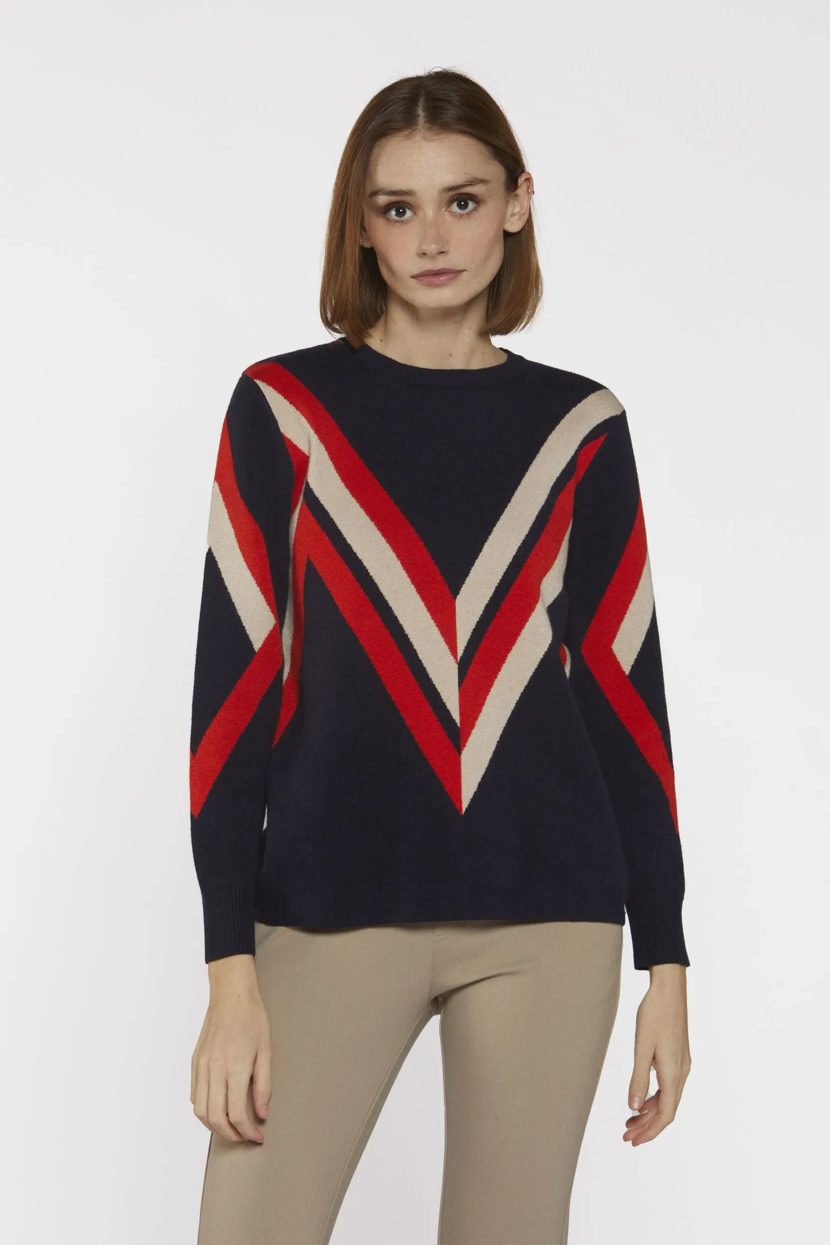 Navy Round neck jumper with Orange and Beige stripe detail