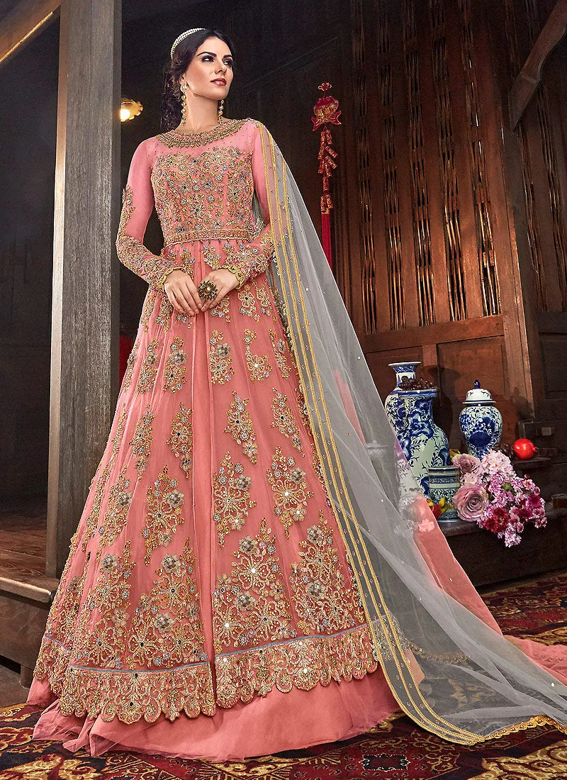 Peach And Grey Floral Anarkali Style Lehenga/Pant Suit