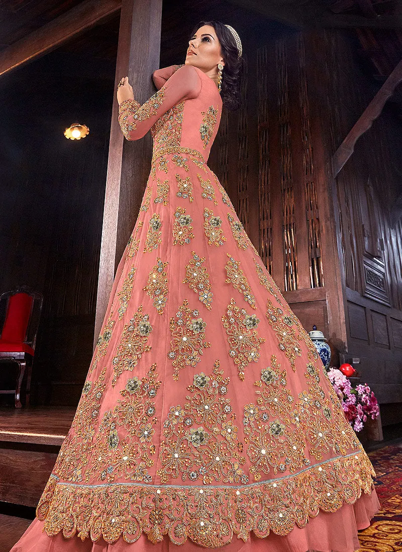 Peach And Grey Floral Anarkali Style Lehenga/Pant Suit