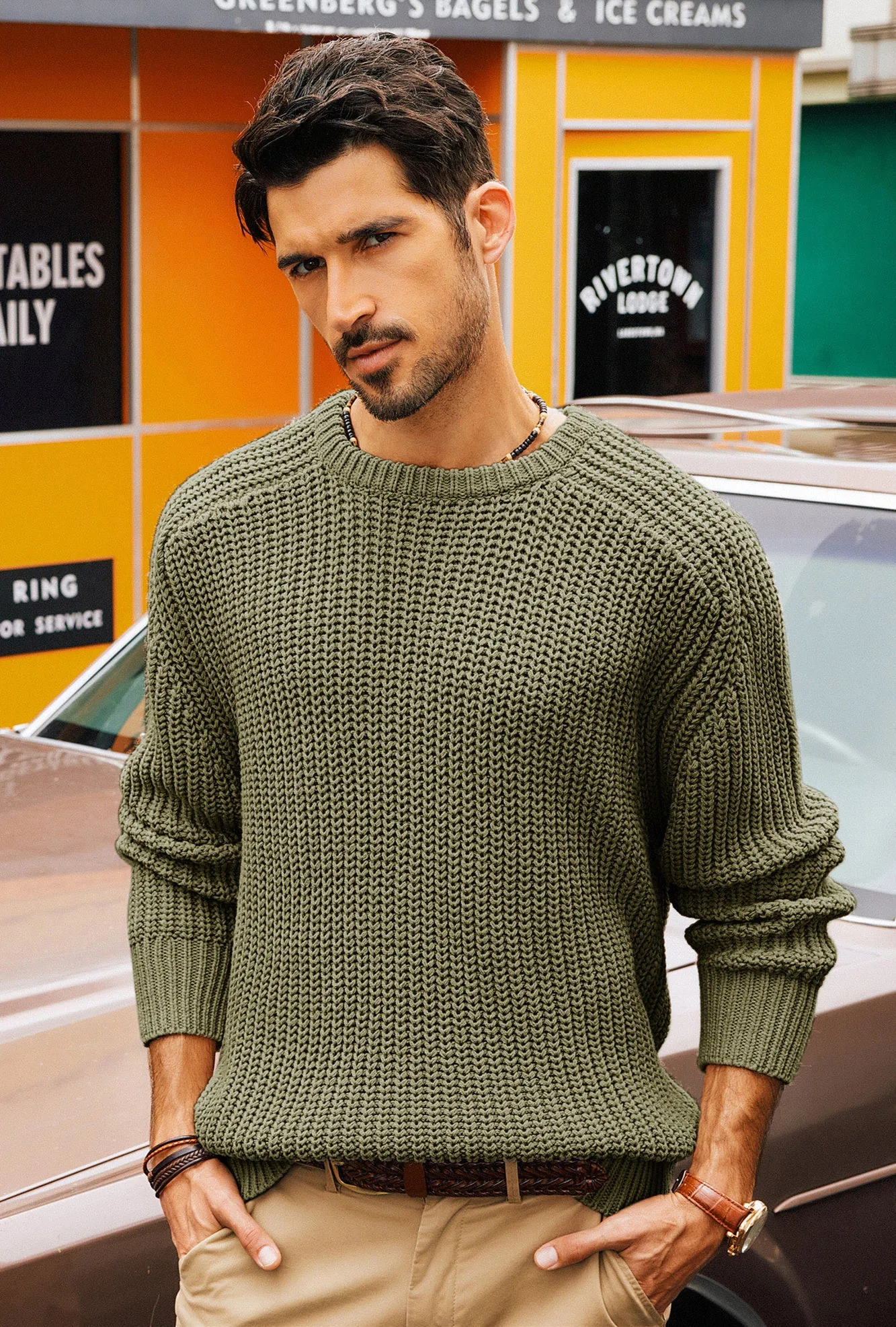 PJ Men Textured Sweater Long Sleeve Crew Neck Dropped Shoulder Pullover