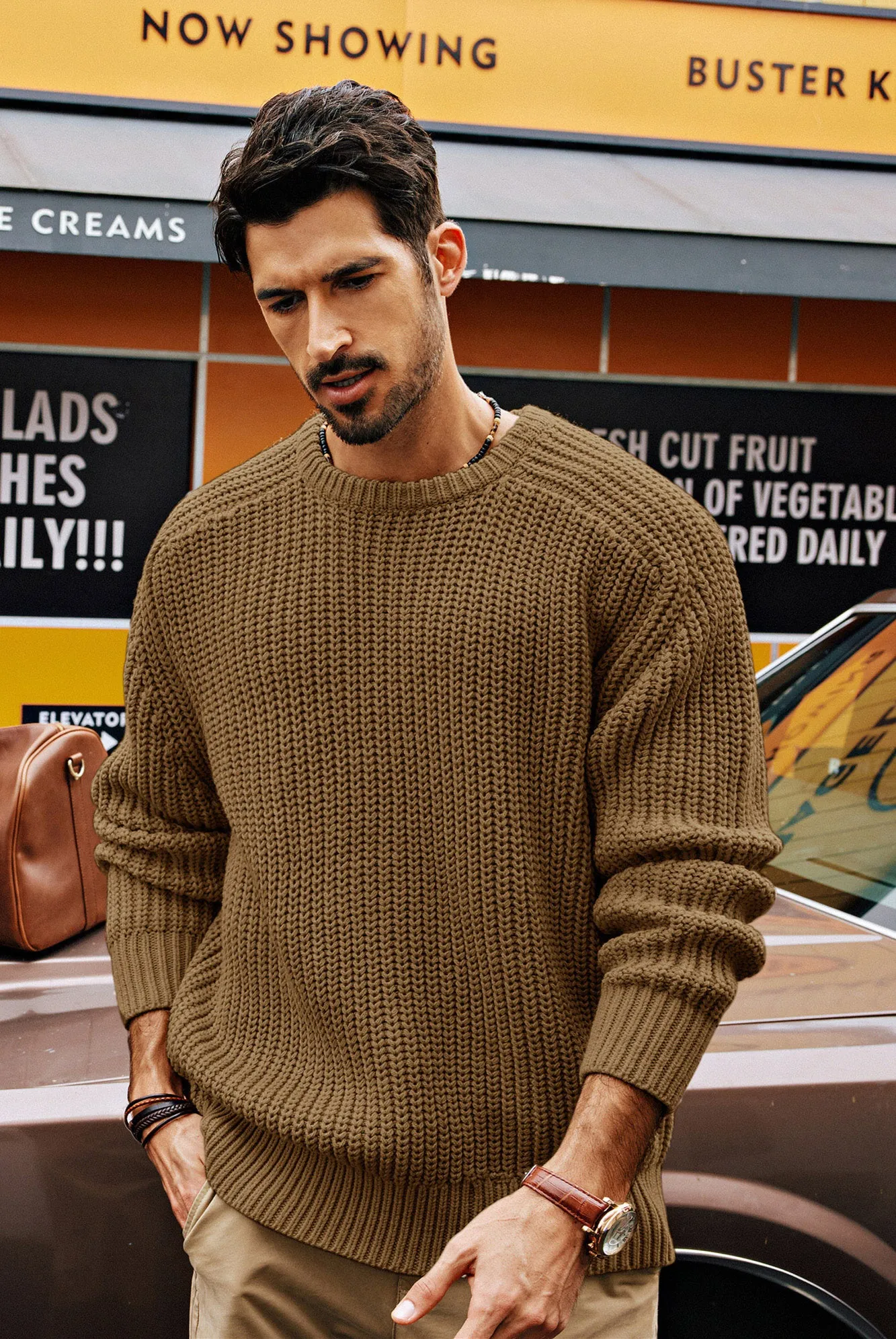 PJ Men Textured Sweater Long Sleeve Crew Neck Dropped Shoulder Pullover