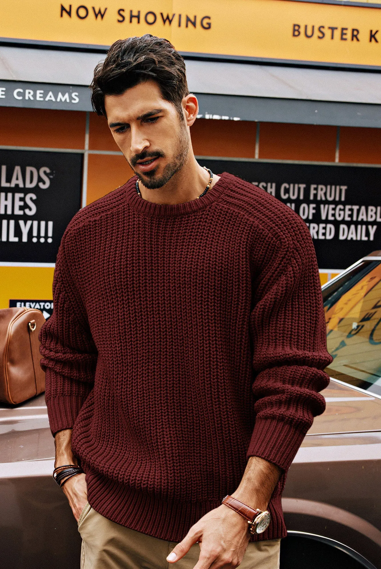 PJ Men Textured Sweater Long Sleeve Crew Neck Dropped Shoulder Pullover