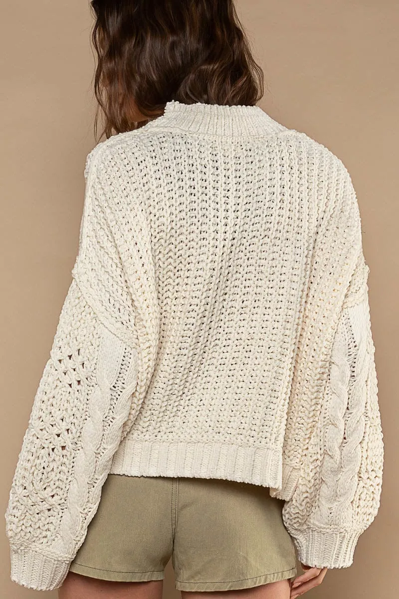 POL Mock Neck Balloon Sleeve Twisted Chunky Cable Knit Sweater