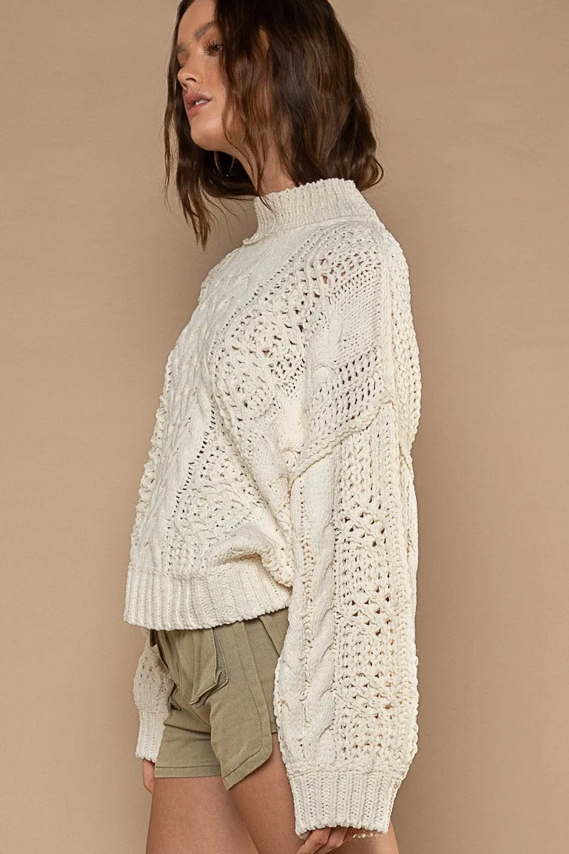 POL Mock Neck Balloon Sleeve Twisted Chunky Cable Knit Sweater