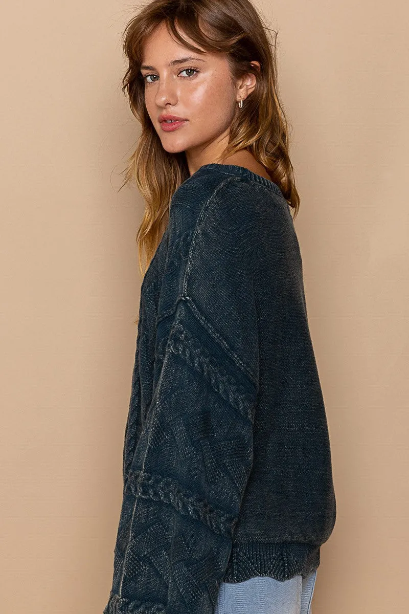 POL OVERSIZED Textured Vintage Washed Sweater in Navy