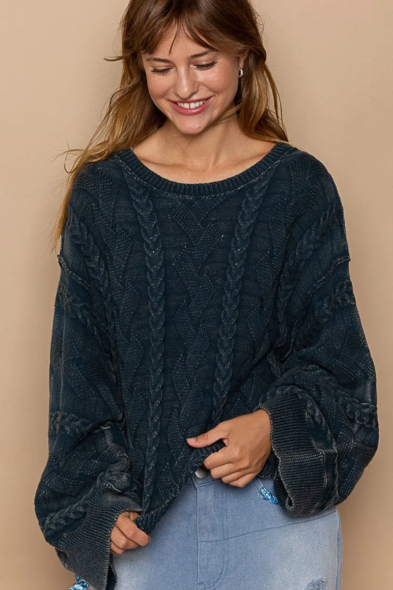 POL OVERSIZED Textured Vintage Washed Sweater in Navy