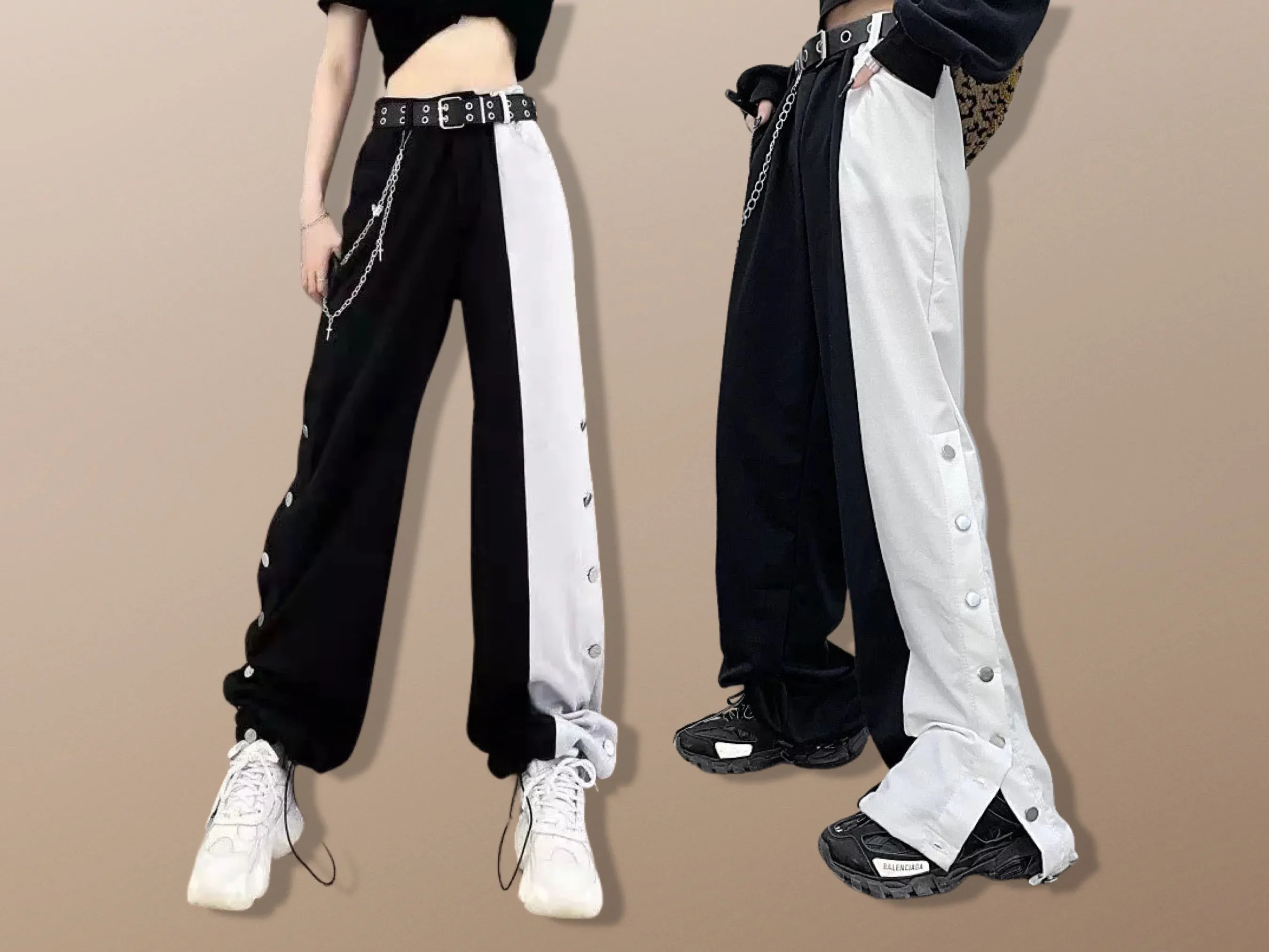 Punk Chained Two Tone Wide Leg Hip Hop Pants