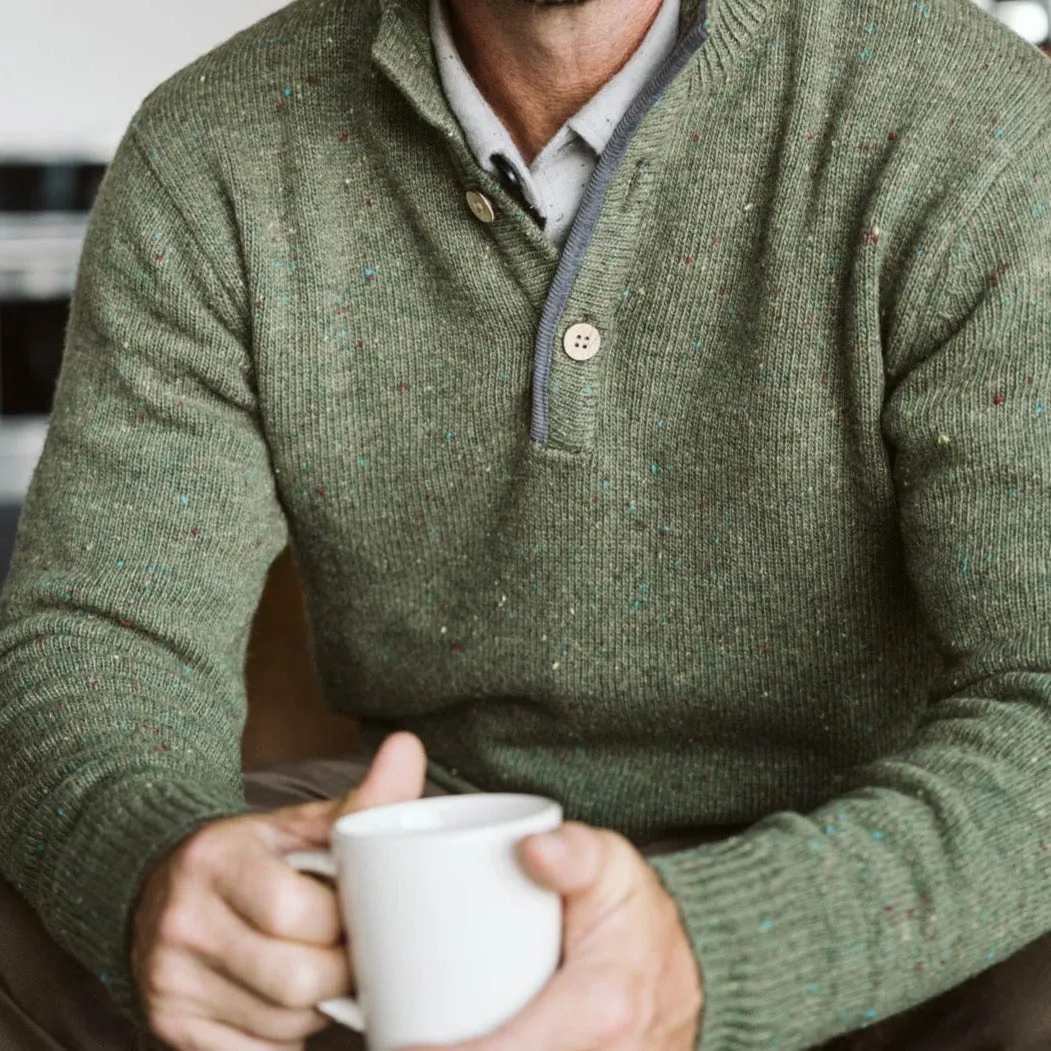 Quarter Button Wool Sweater | Pine Fleck