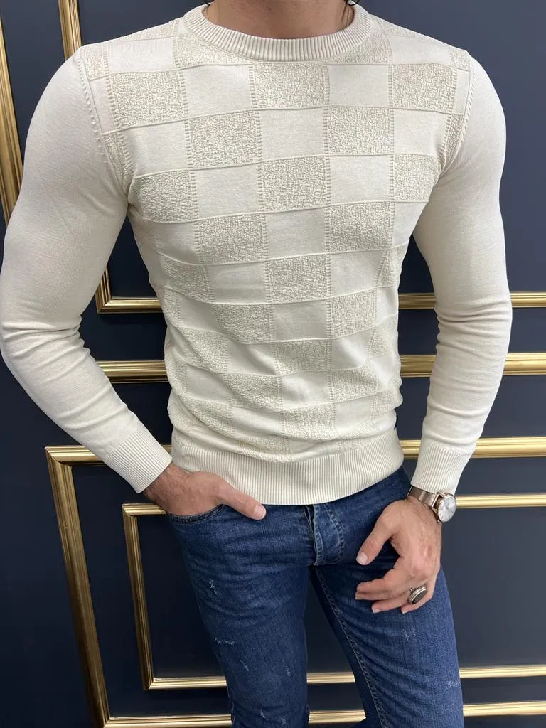 Rick Sli Fit Round Neck Beige Plaid Sweater