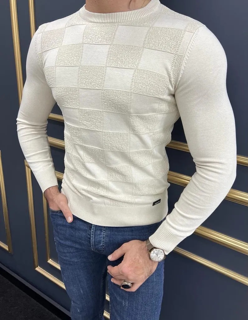 Rick Sli Fit Round Neck Beige Plaid Sweater