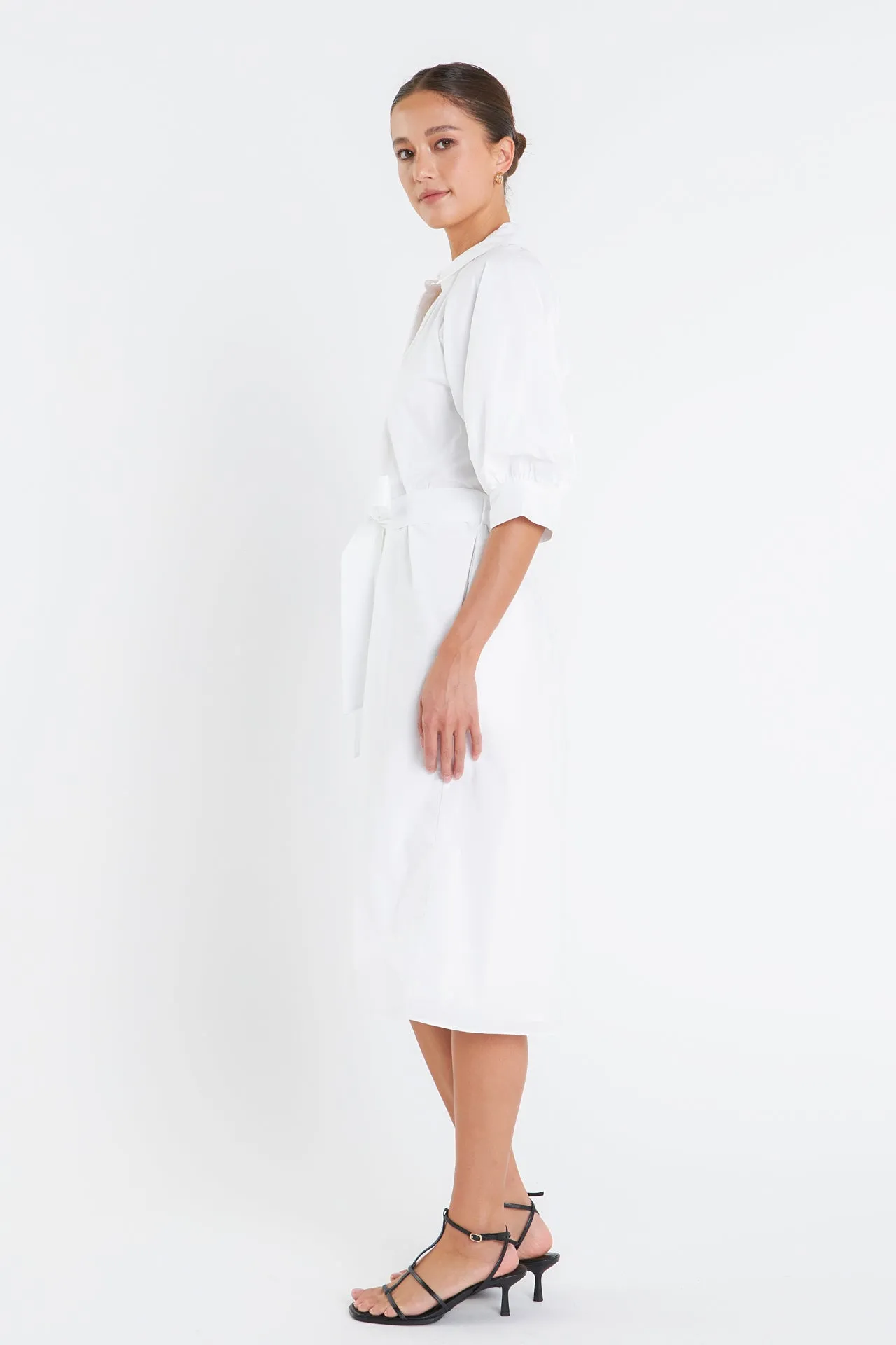 Shirringed Short Sleeves Shirt Dress