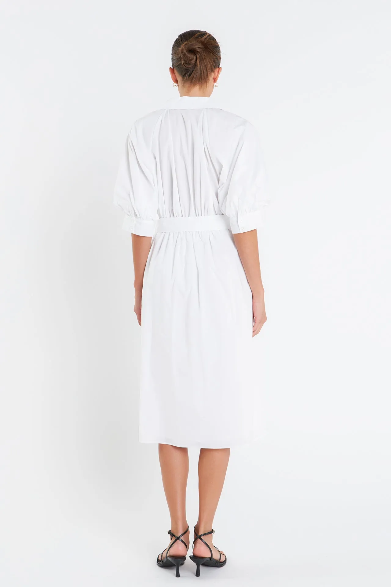 Shirringed Short Sleeves Shirt Dress