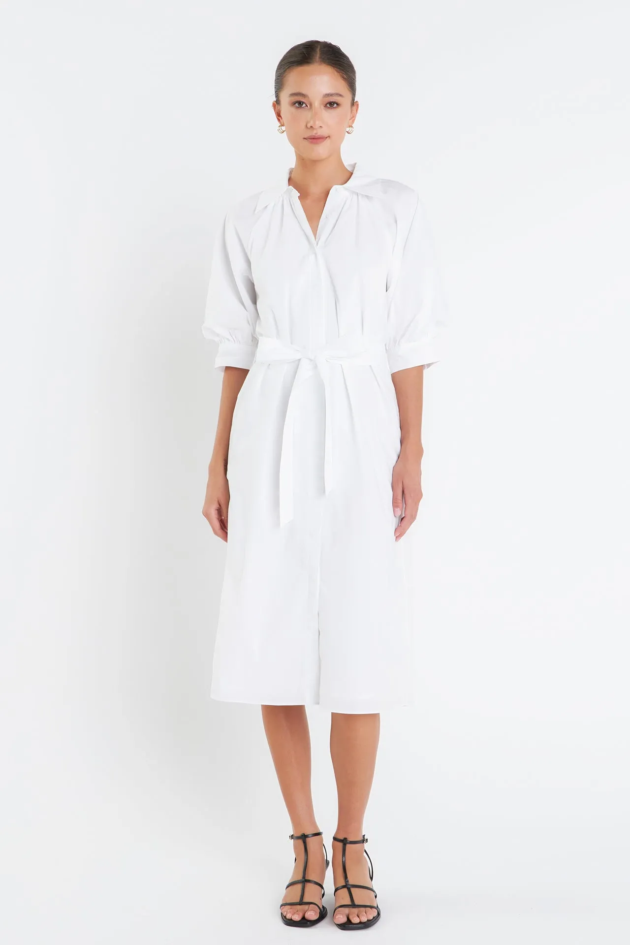 Shirringed Short Sleeves Shirt Dress