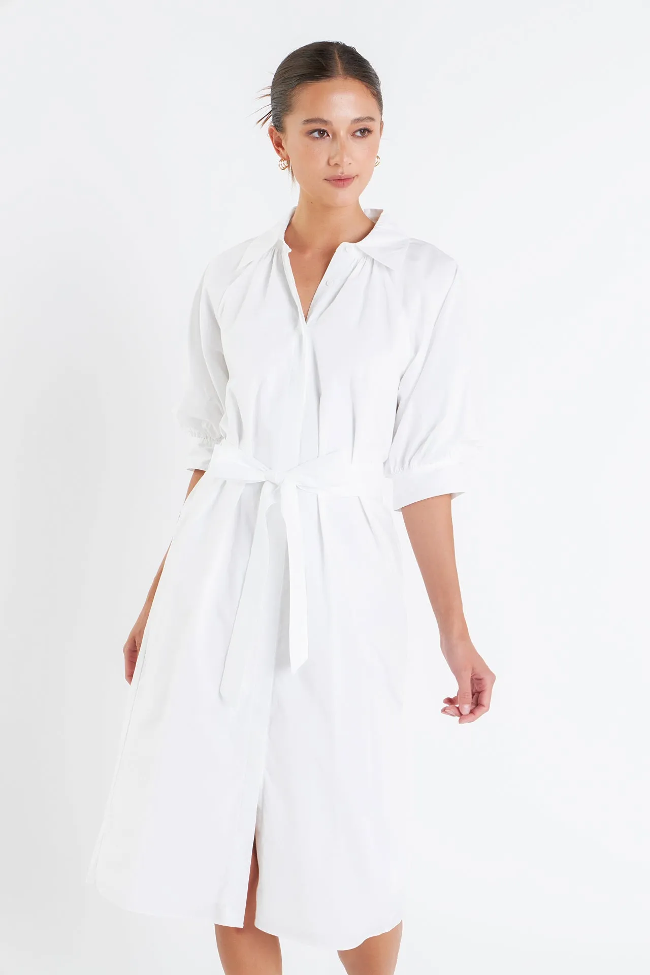 Shirringed Short Sleeves Shirt Dress