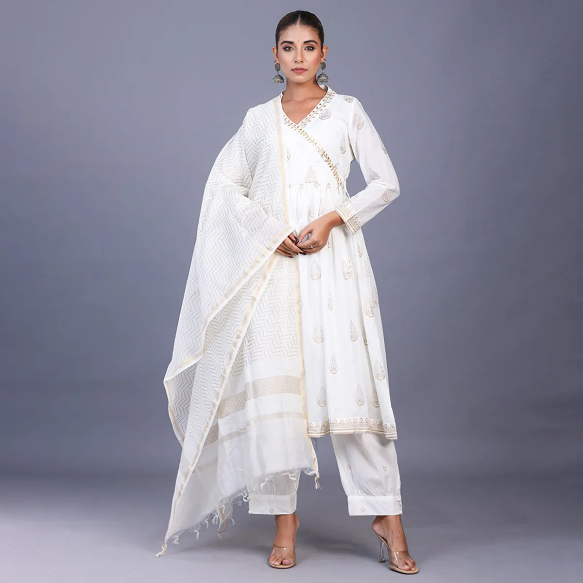 Silk Kurta Set For Women | Kurta, Pant & Dupatta | Printed | White