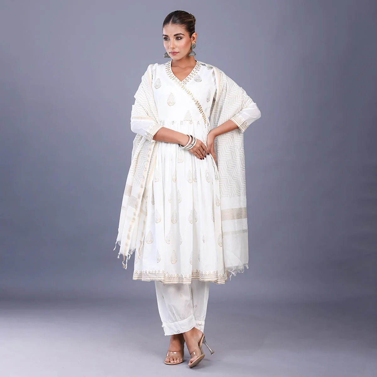 Silk Kurta Set For Women | Kurta, Pant & Dupatta | Printed | White