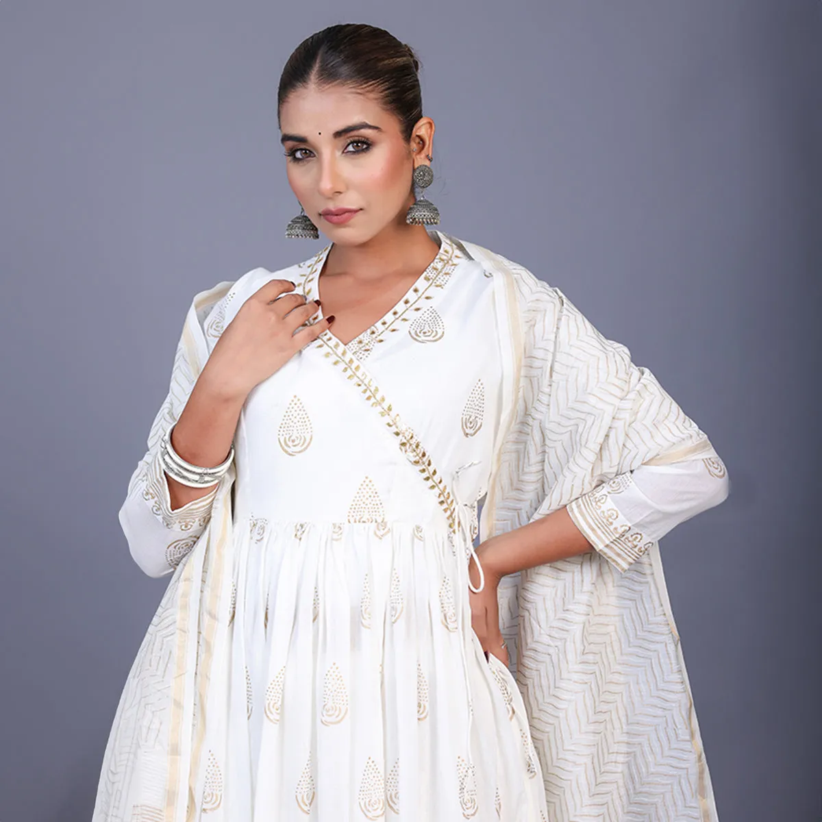 Silk Kurta Set For Women | Kurta, Pant & Dupatta | Printed | White