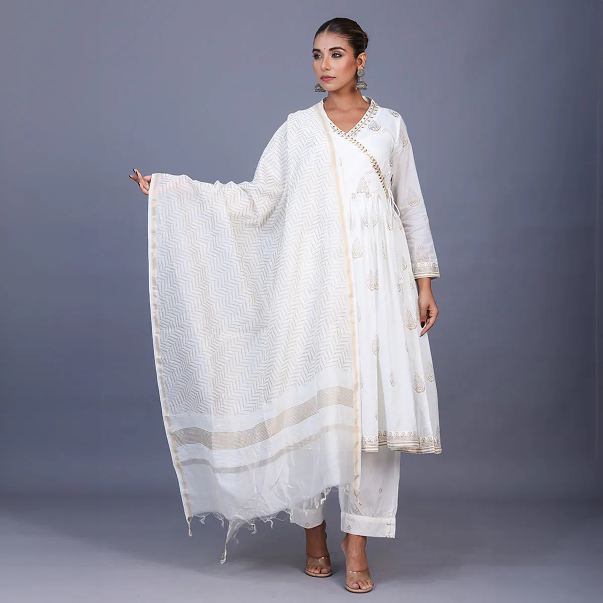 Silk Kurta Set For Women | Kurta, Pant & Dupatta | Printed | White