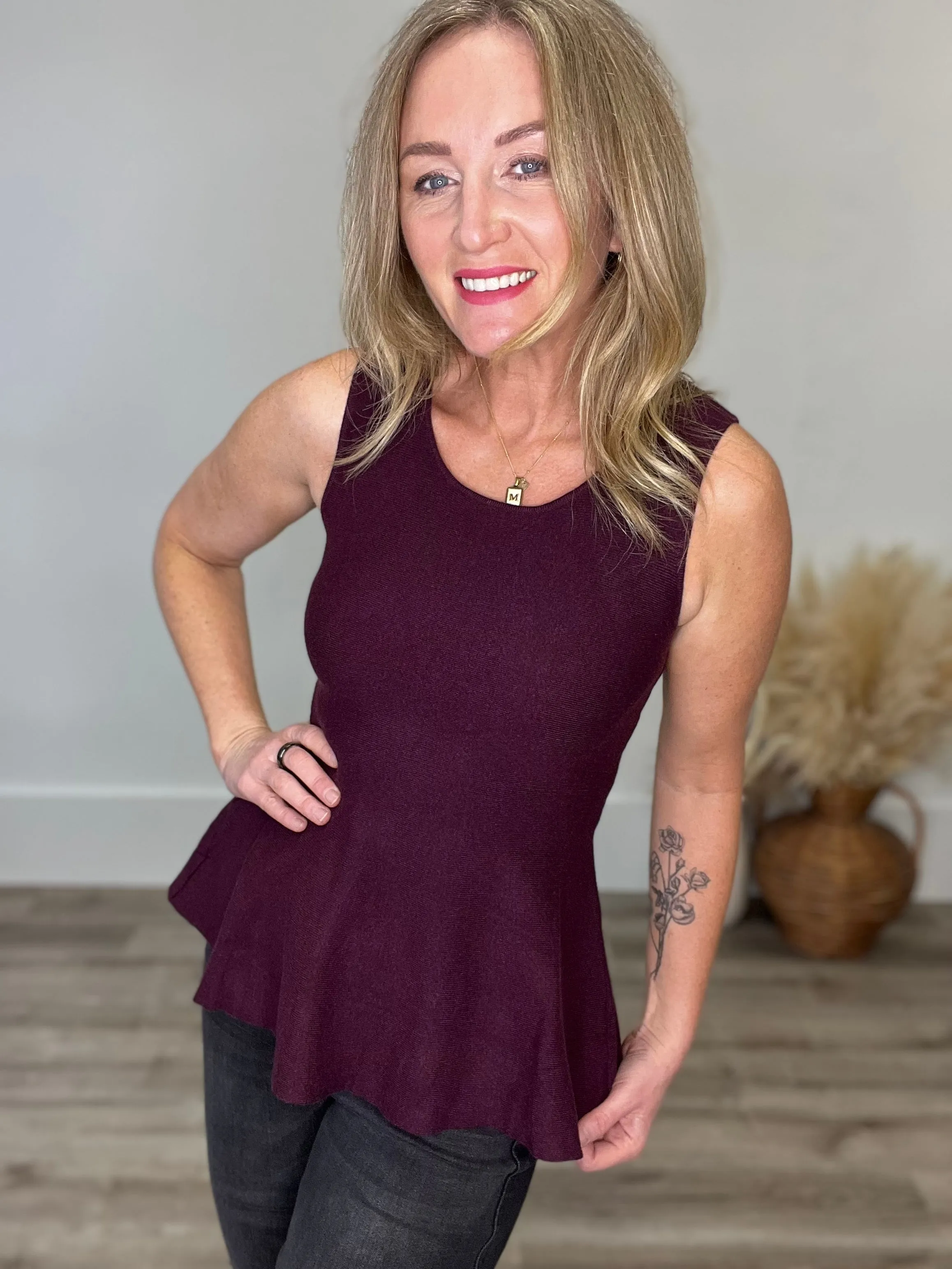 Sleeveless Peplum Sweater Top - Purple