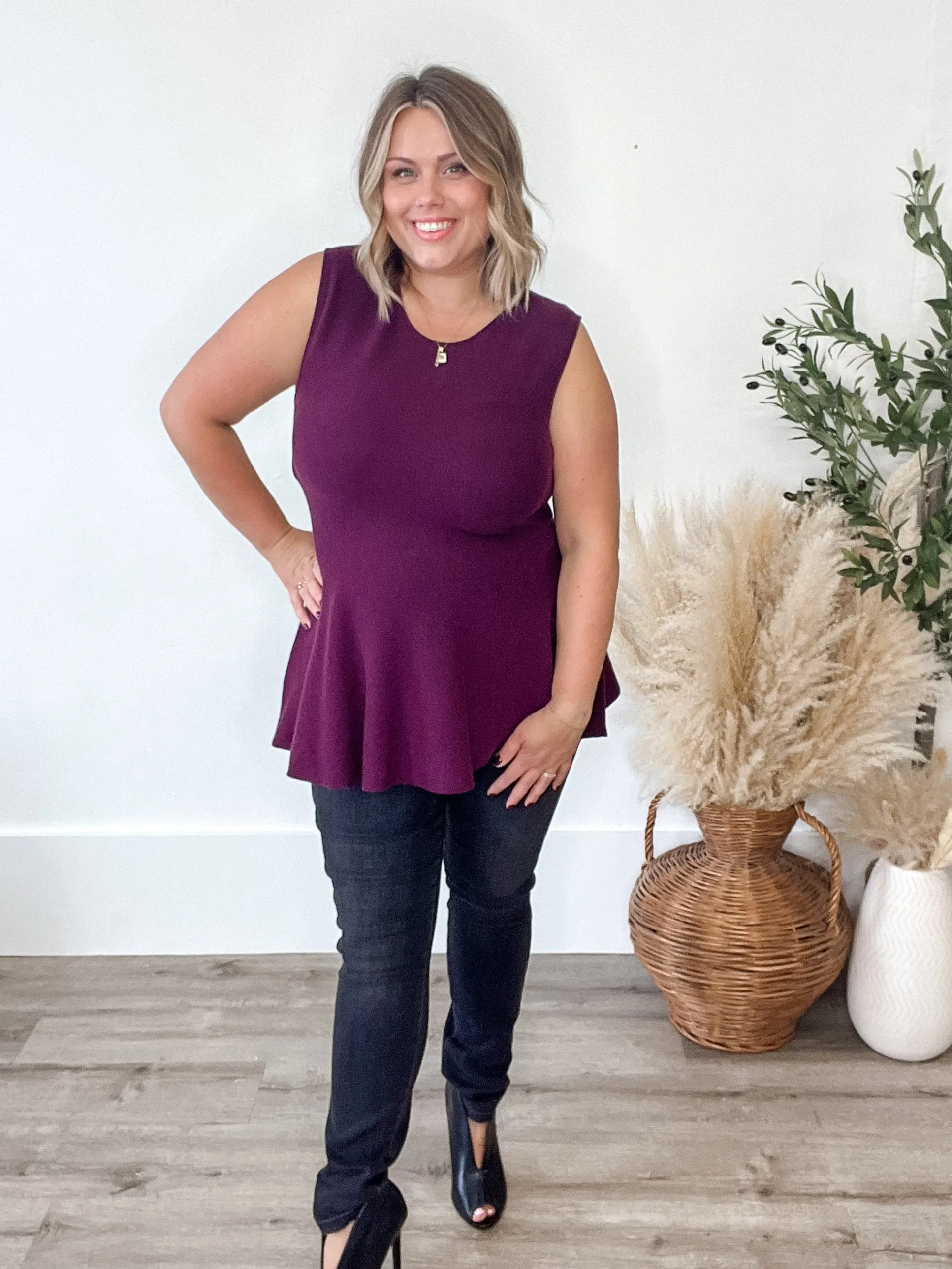 Sleeveless Peplum Sweater Top - Purple