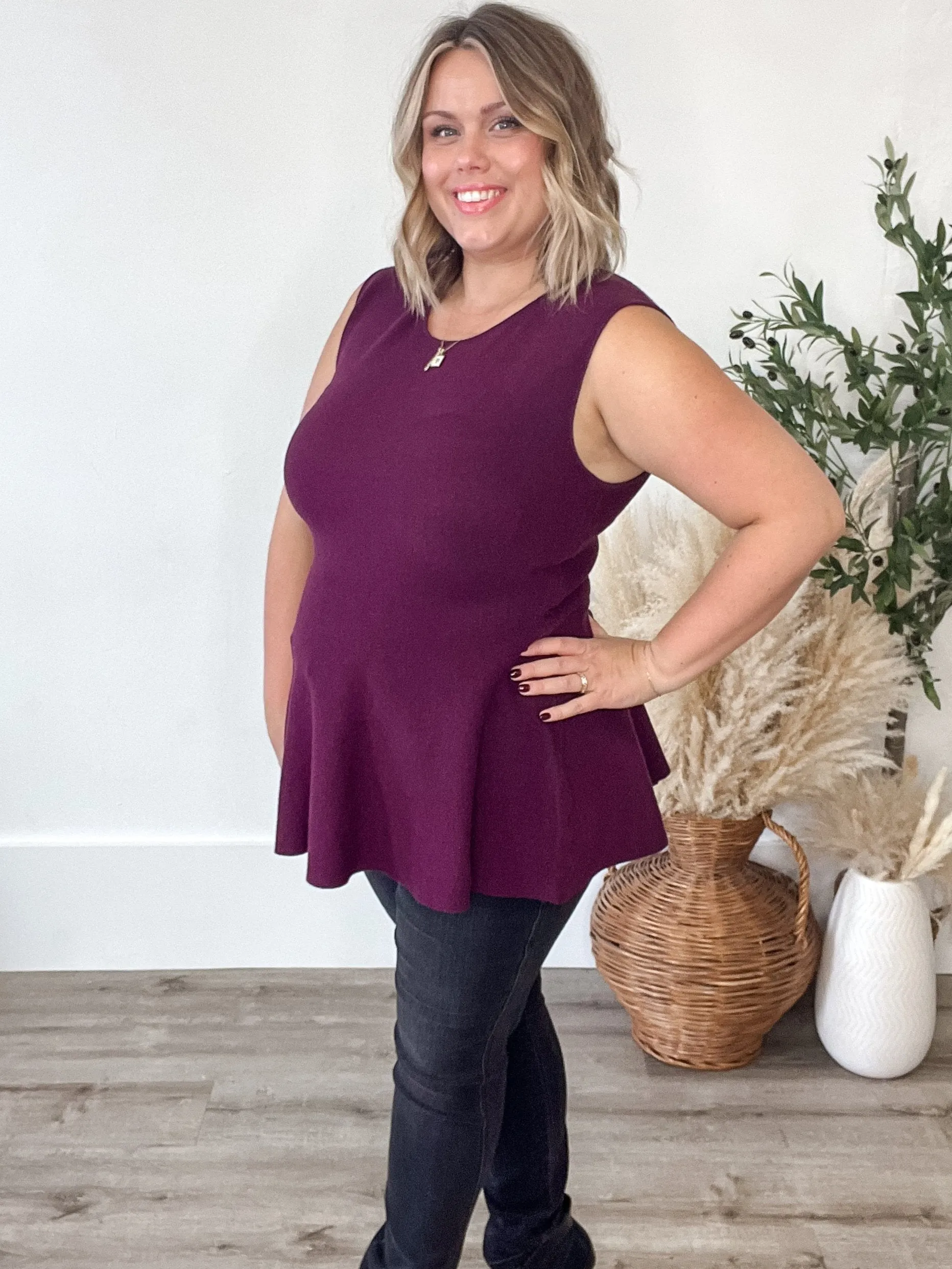 Sleeveless Peplum Sweater Top - Purple