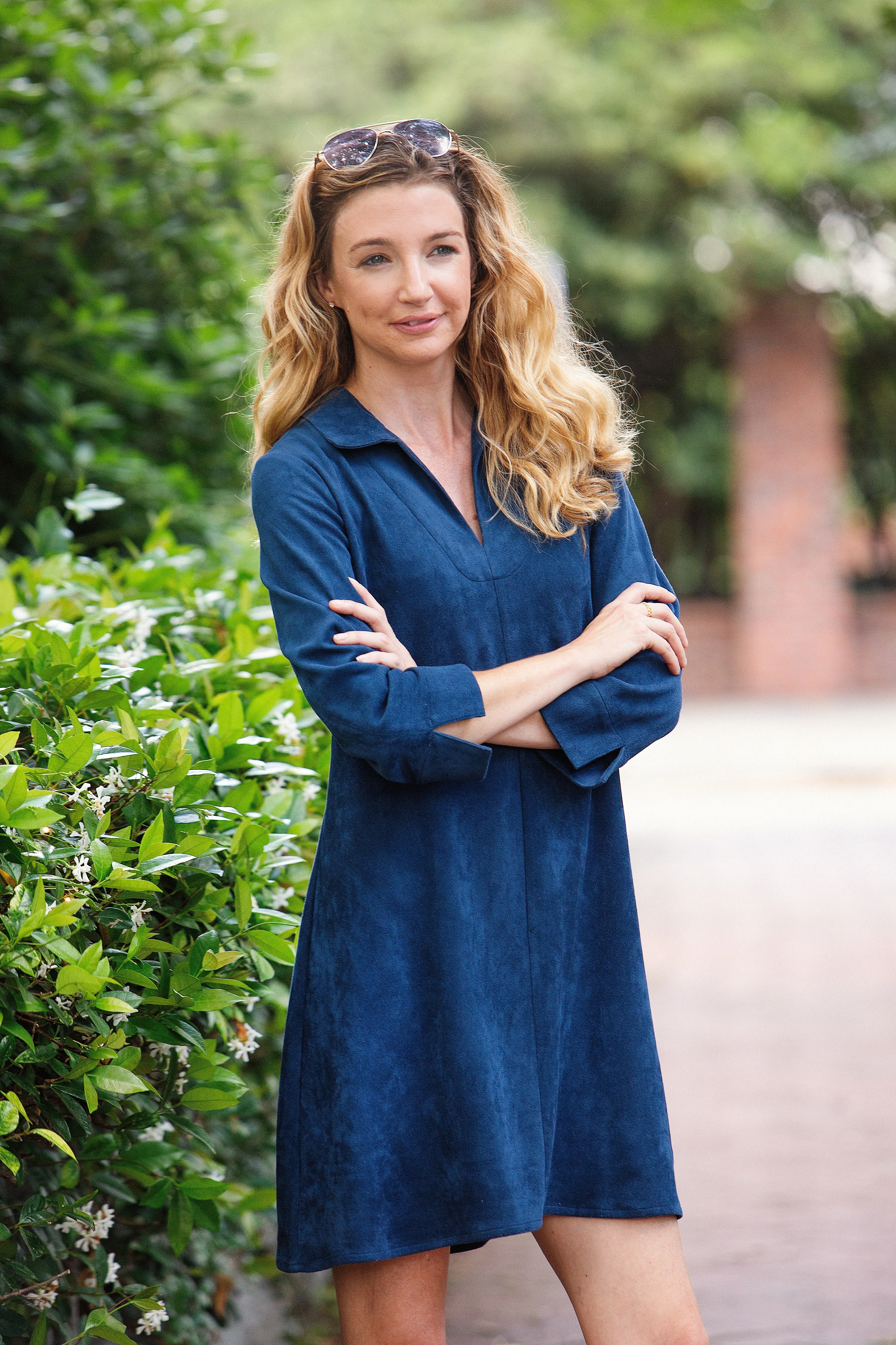 Suede Victoria Dress in Blue Stretch Suede