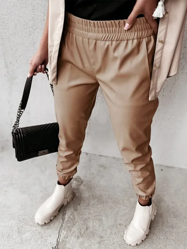 TEEK - Mid Waist Casual Leather Feel Pants