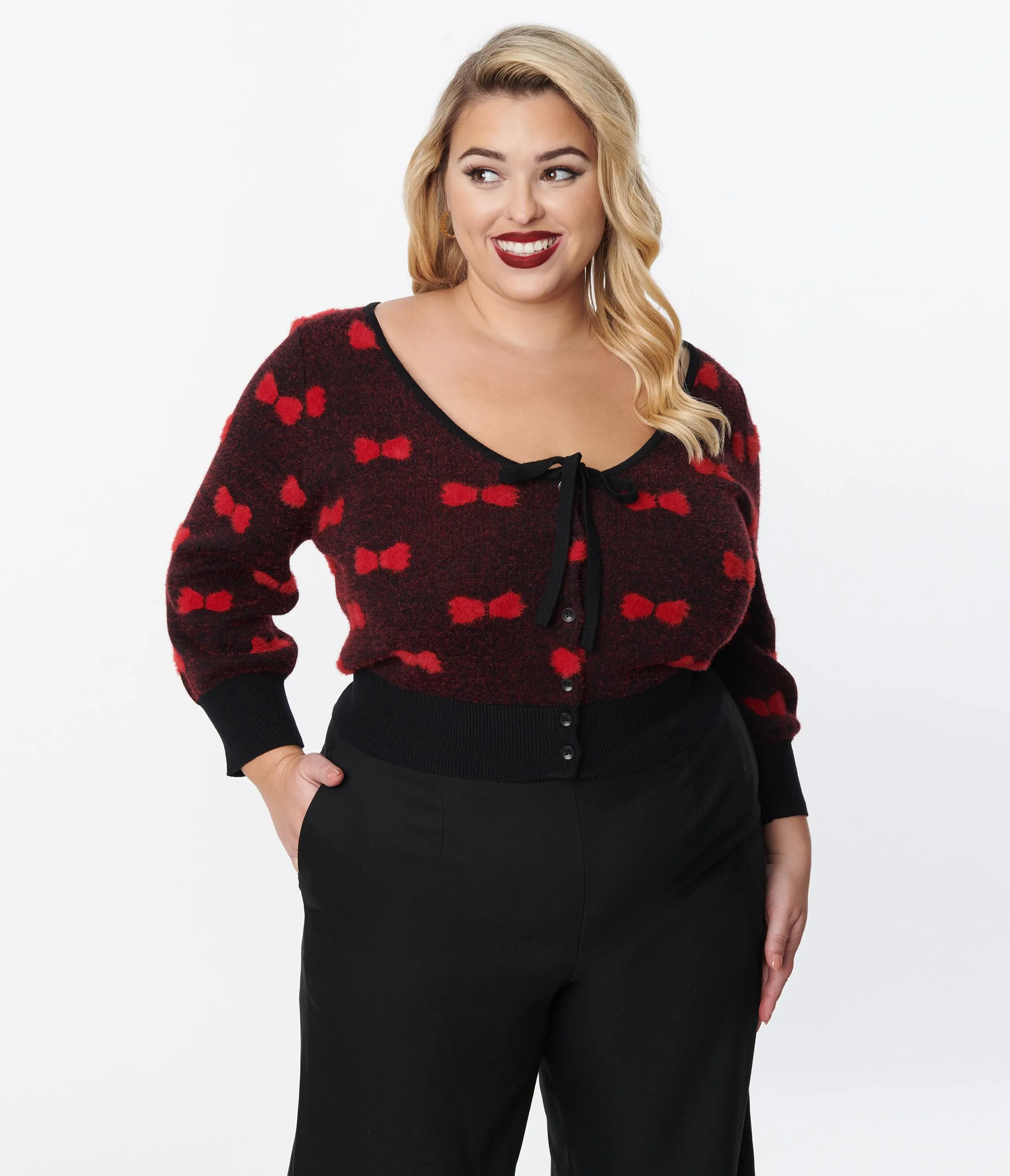 Unique Vintage Plus Size Black & Red Bows Dandy Cardigan