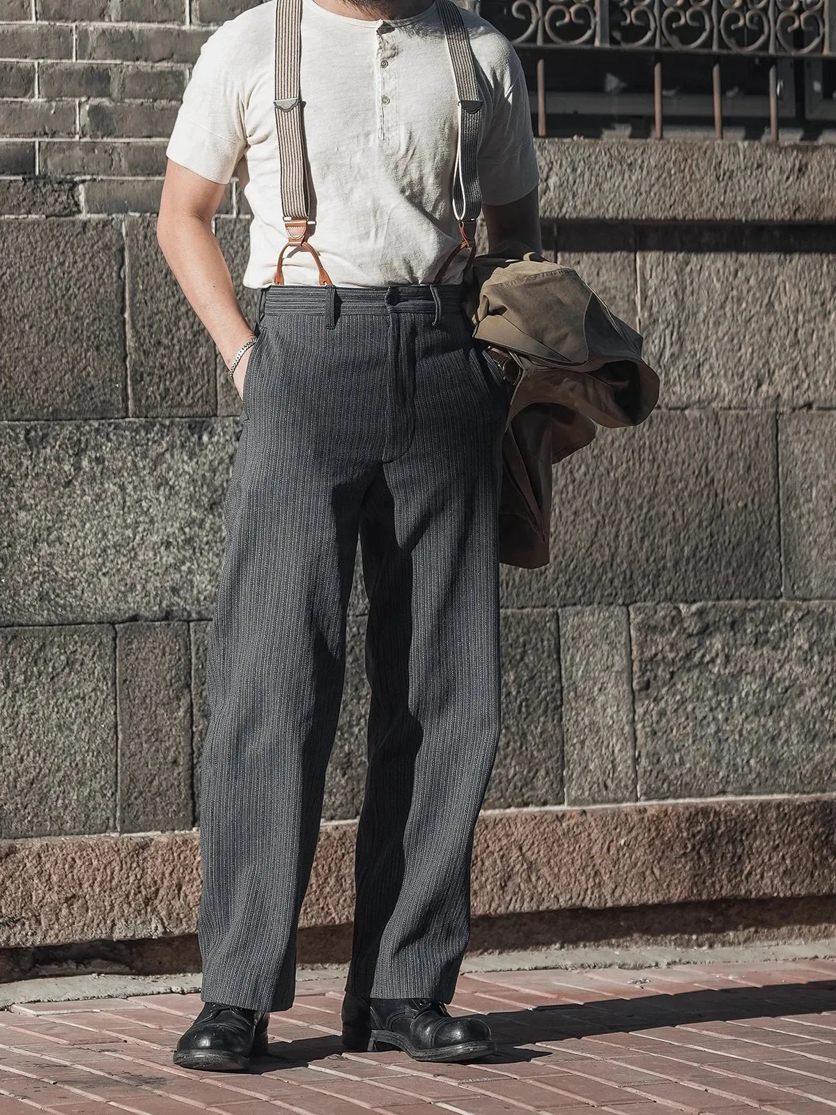 Vintage Style Men's Suit Trousers - Black and Grey Stripes