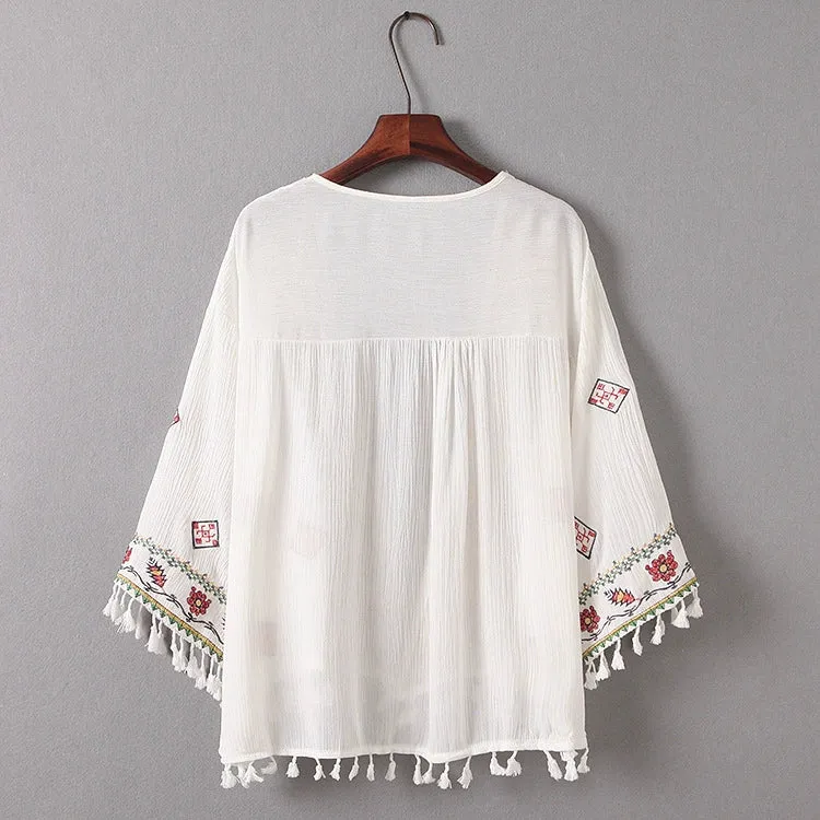 White Shawl Sunscreen Shirt - Vintage Thai National Style with Tassels