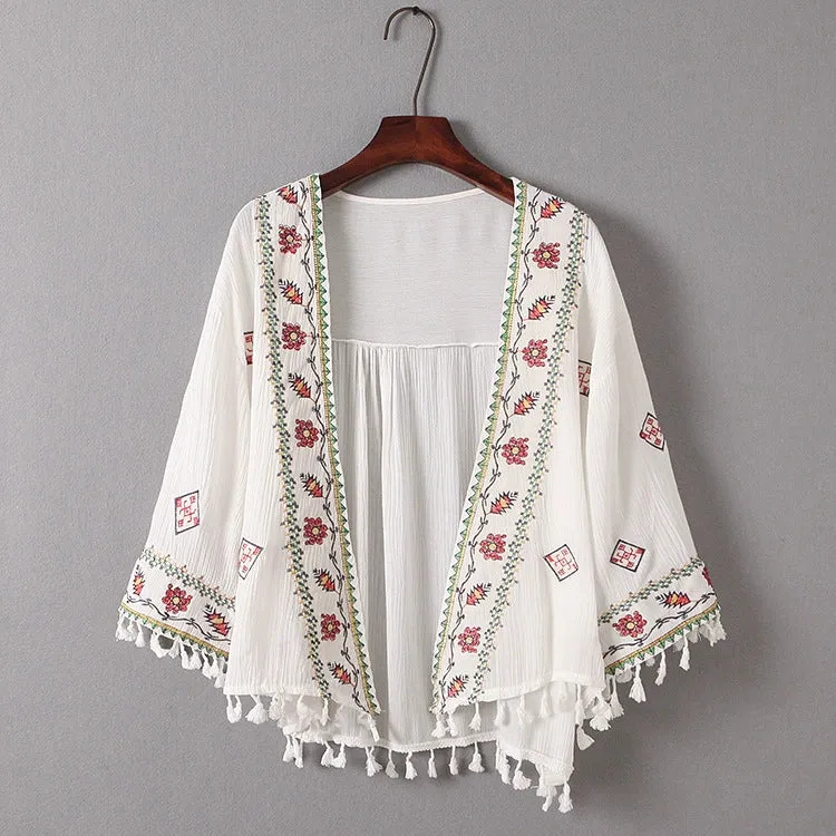 White Shawl Sunscreen Shirt - Vintage Thai National Style with Tassels