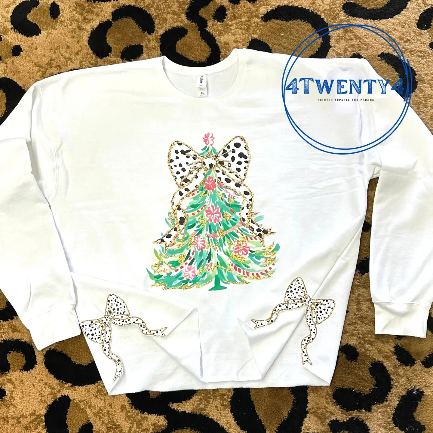 White Watercolor Christmas Tree w/ Side Hip Bow Sweatshirt