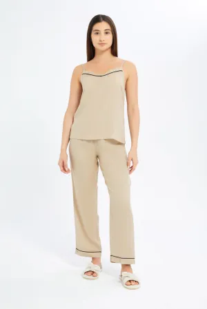 Women Beige Linen Sleeveless Pyjama Set (2 Piece)