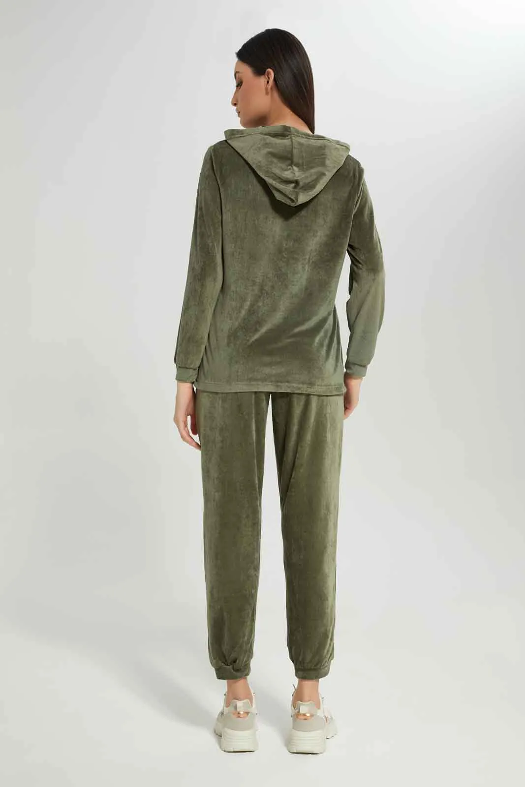 Women Olive Velour Pyjama Set (2 Piece)