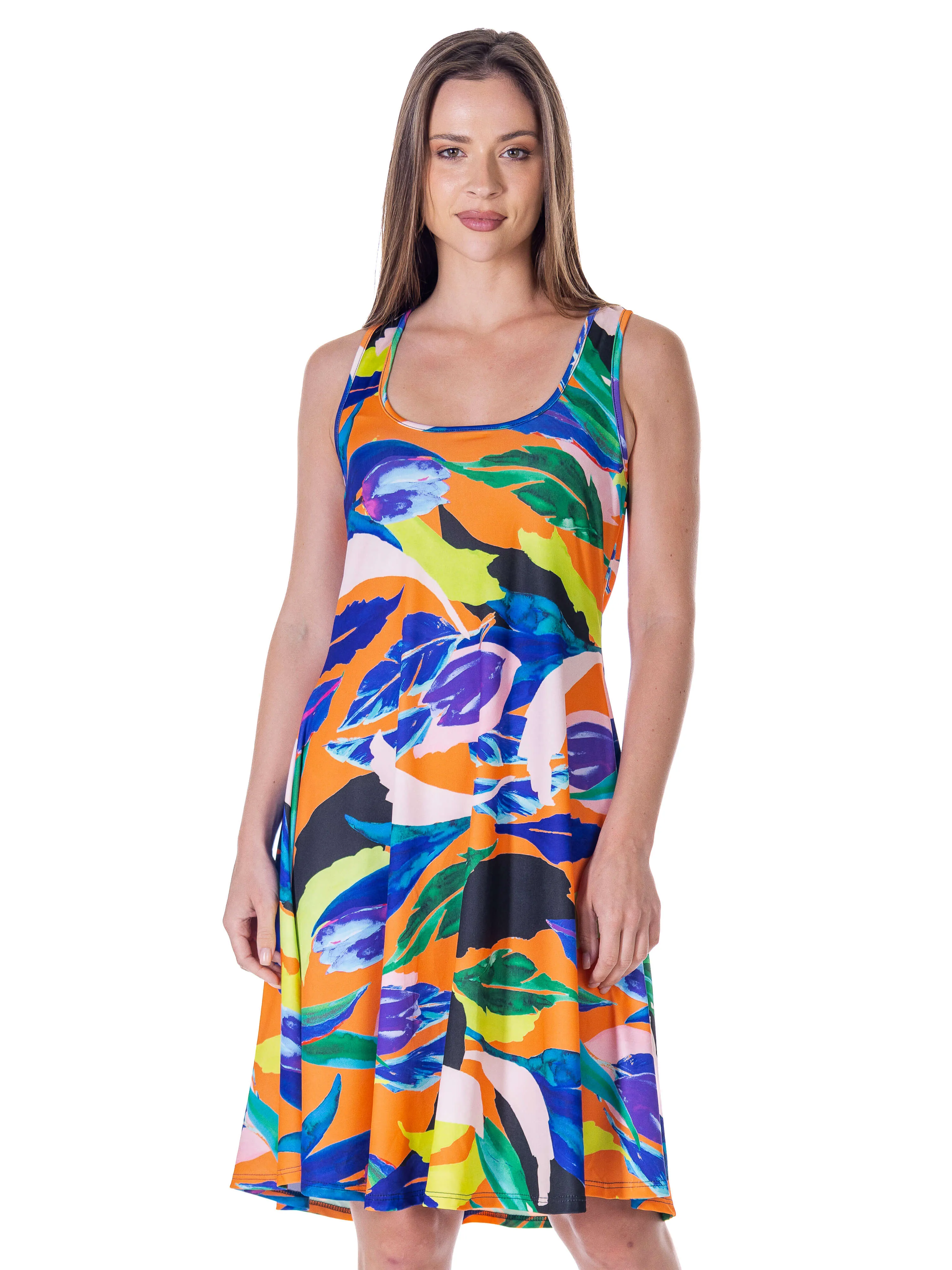 Womens Multicolor Sleeveless Knee Length Tank Swing Dress