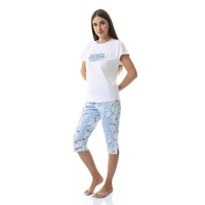 Women's Summer Pajama Set - Short Sleeve Top & Floral Capri Pant - Blue