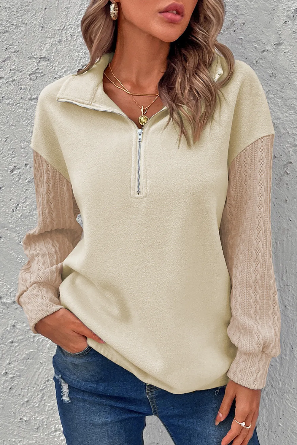 Zip-Up Dropped Shoulder Cable-Knit Sweatshirt